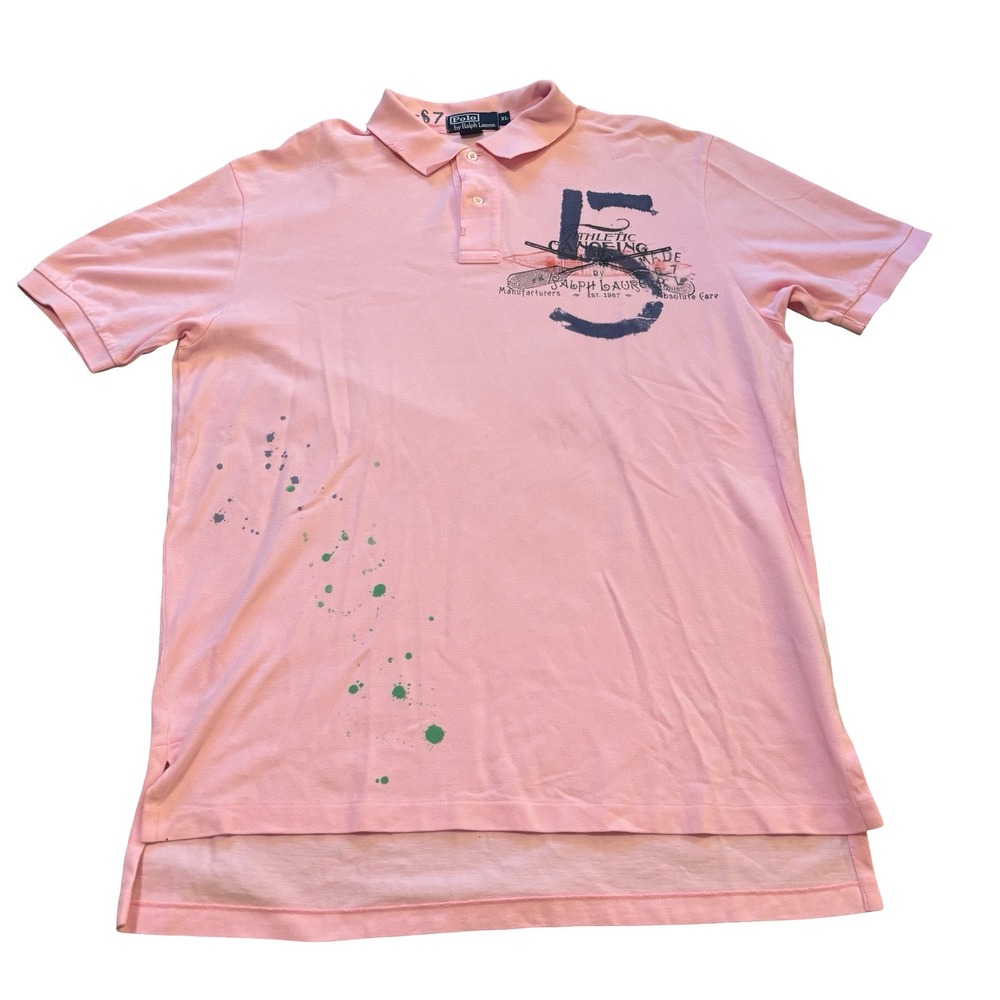 Polo Ralph Lauren Mens XL Pink Athletic Canoeing Graphic Paint Splatter Polo